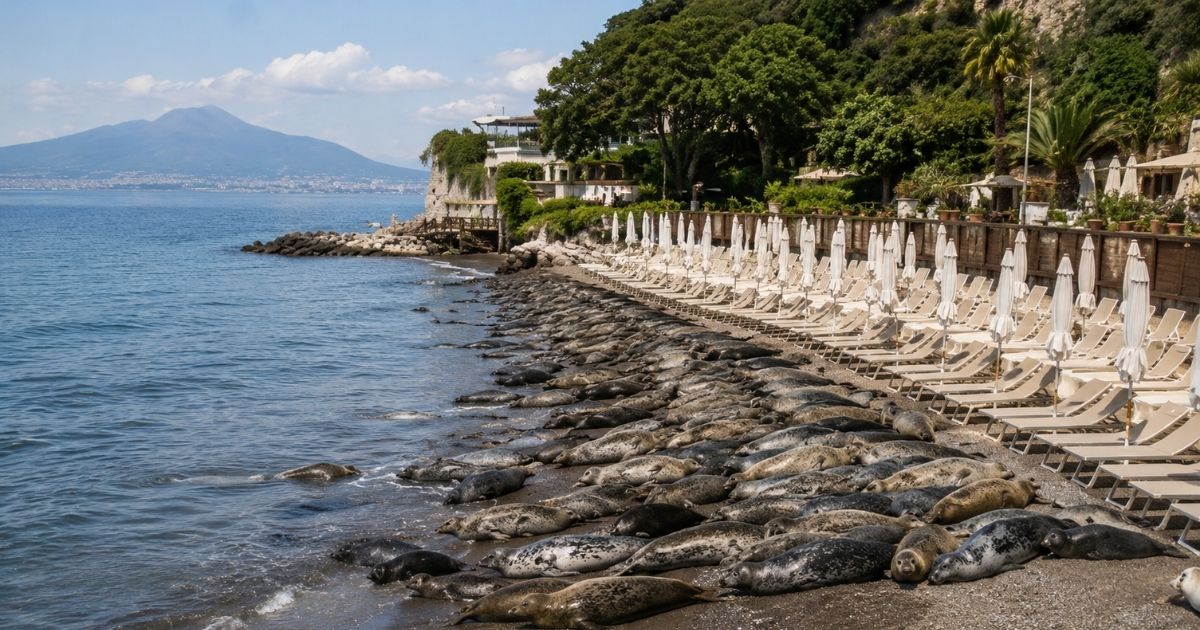 Foche spiaggiate sulla sabbia a Vico Equense (AI)